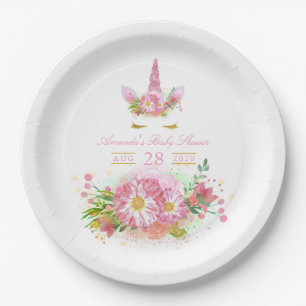 Assiettes En Carton Baby shower fille rose et or Floral Unicorn