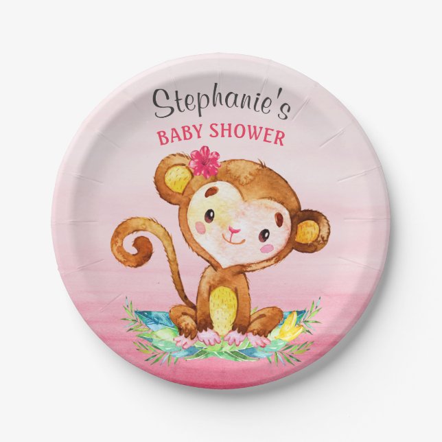 Assiettes En Carton Baby shower fille singe aquarelle (Devant)
