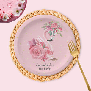 Assiettes En Carton Baby shower Flamant rose Ballerina Aquarelle rose