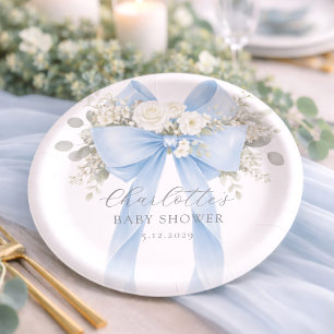 Assiettes En Carton Baby Shower Fleur Bleu pour Petit Garçon