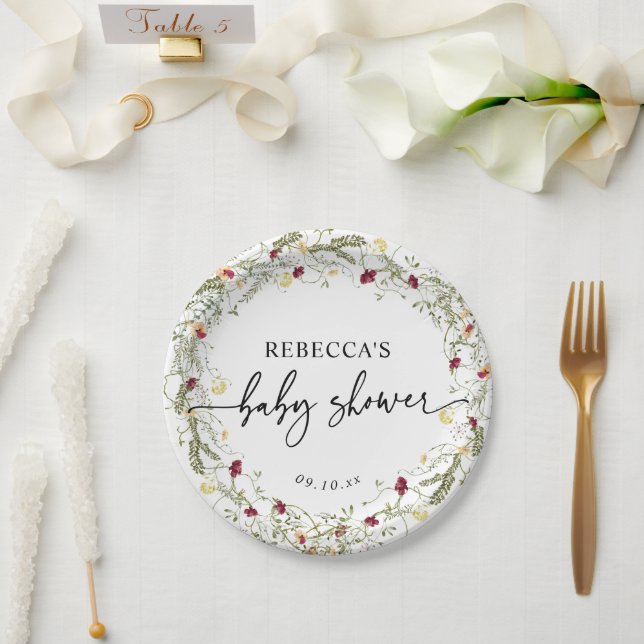 Assiettes En Carton Baby shower Fleur sauvage Boho simple (Mariage)