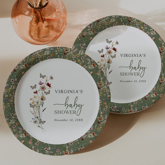 Assiettes En Carton Baby shower Fleur sauvage Boho vert (Sage Green Boho Wildflower Baby Shower Paper Plates by Painted Paperie
)