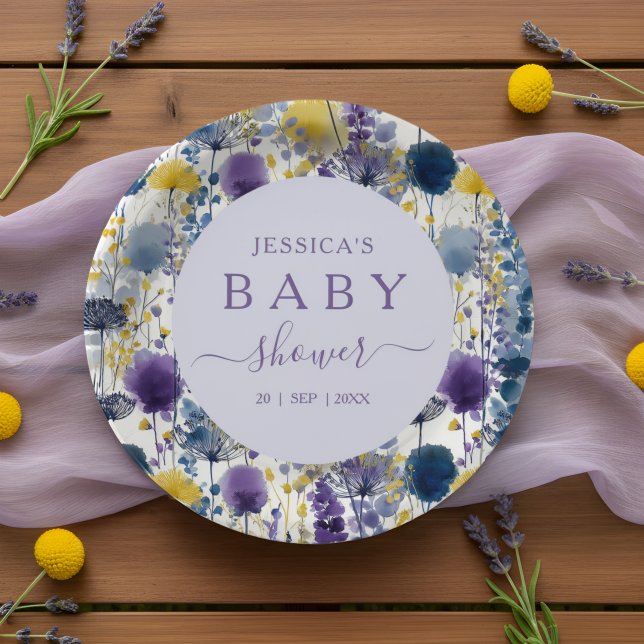 Assiettes En Carton Baby shower Fleur sauvage couleur  jaune violet (Celebrate your mama-to-be moment in full bloom with this elegant wildflower design. )