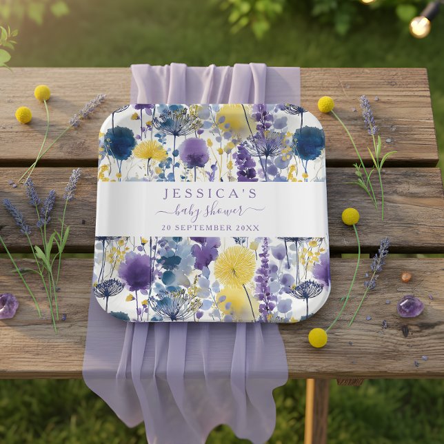 Assiettes En Carton Baby shower Fleur sauvage couleur  jaune violet (Créateur téléchargé)
