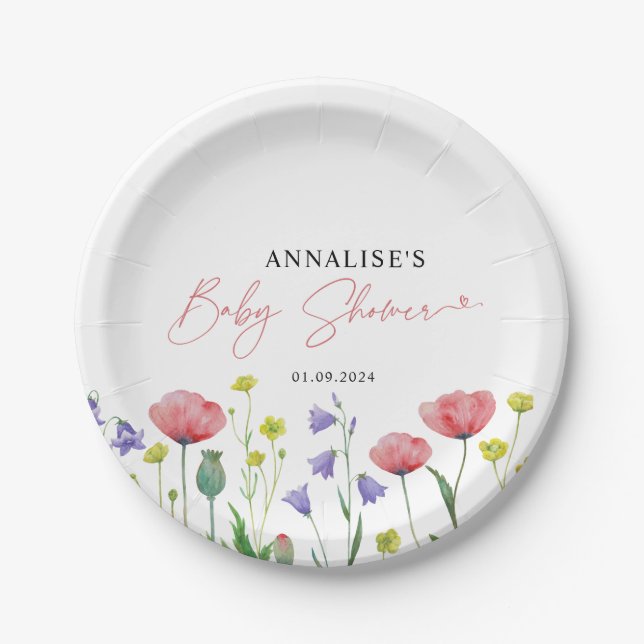 Assiettes En Carton Baby shower Fleur sauvage d'aquarelle (Devant)