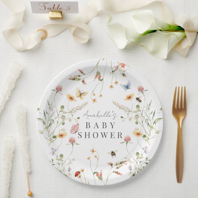 Assiettes En Carton Baby shower fleur sauvage d'aquarelle de papillon (Mariage)