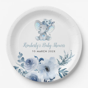 Assiettes En Carton Baby shower fleuri bleu petit éléphant