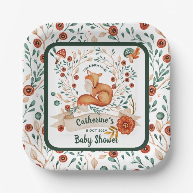 Assiettes En Carton Baby shower fleuri de renard mou (Recto)