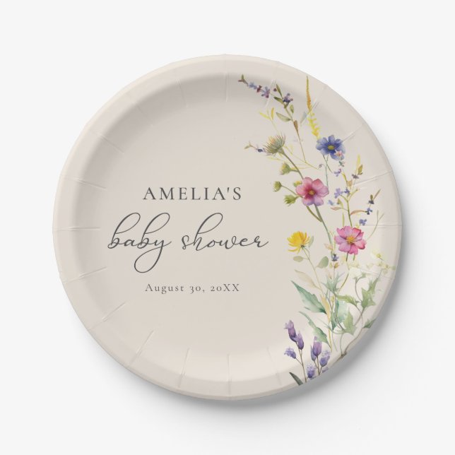 Assiettes En Carton Baby shower fleuri Fleur sauvage beige printemps (Devant)
