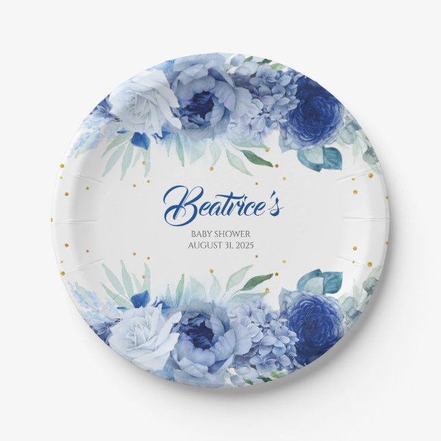 Assiettes En Carton Baby Shower Fleurs Bleues et Confettis Dorés (Devant)