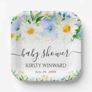 Assiettes En Carton Baby Shower Fleurs Bleues et Pâquerettes à l'Aquar