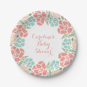 Assiettes En Carton Baby shower floral dans le corail et le Teal