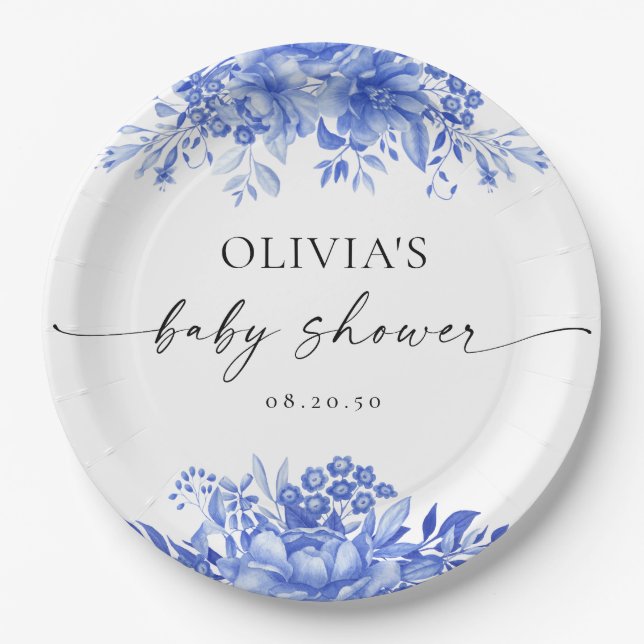 Assiettes En Carton Baby shower Floral de Porcelaine Bleue (Devant)