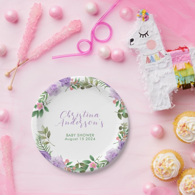 Assiettes En Carton Baby shower floral de printemps pourpre (Fête)