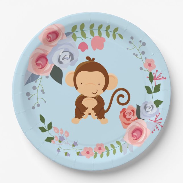Assiettes En Carton Baby shower Floral de singe mou (Devant)