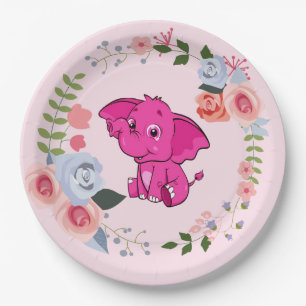 Assiettes En Carton Baby shower floral d'éléphant pour fille rose