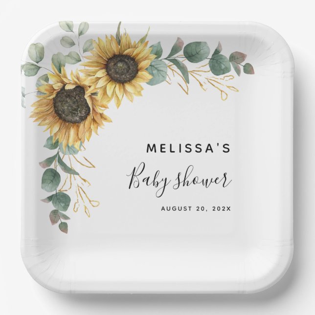 Assiettes En Carton Baby shower floral d'Eucalyptus de tournesol (Recto)