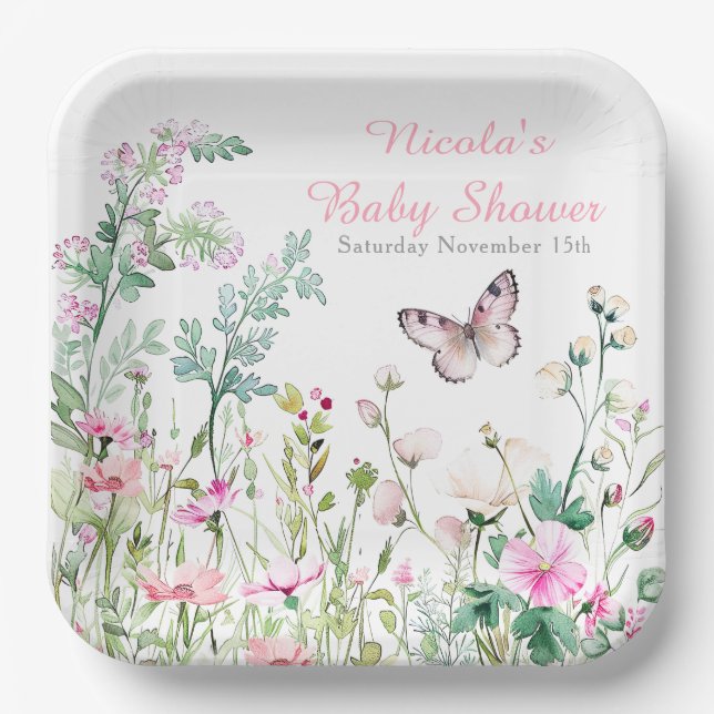 Assiettes En Carton Baby shower floral du papillon vert du printemps (Recto)