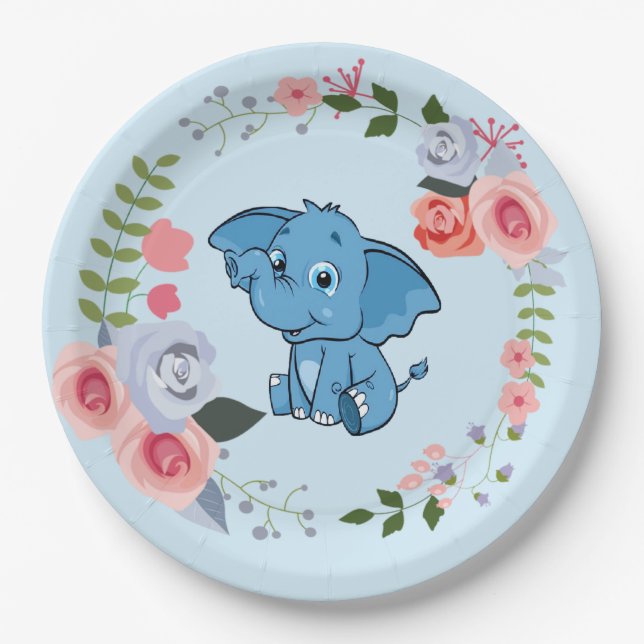 Assiettes En Carton Baby shower floral éléphant du garçon bleu (Devant)