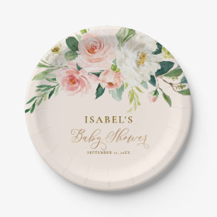 Assiettes En Carton Baby shower floral et doré rose pâle personnalisé