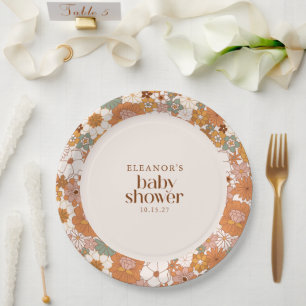 Assiettes En Carton Baby shower Floral Retro Terracotta Boho