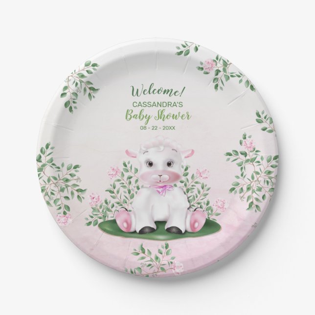 Assiettes En Carton Baby shower floral rose agneau (Devant)