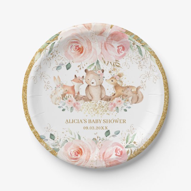 Assiettes En Carton Baby shower Floral rose clair boisé (Devant)