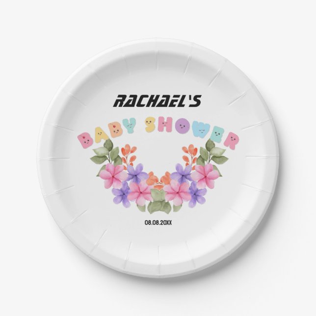 Assiettes En Carton Baby shower floral rose doux (Devant)