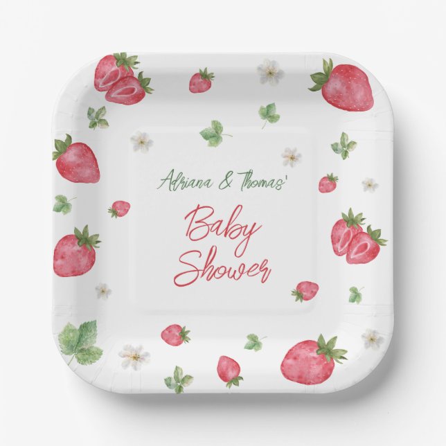 Assiettes En Carton Baby shower floral rose fraise (Recto)