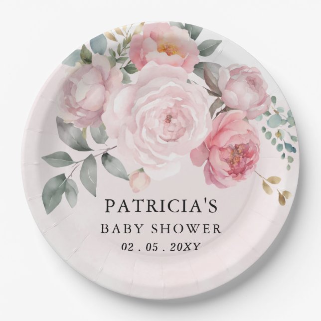 Assiettes En Carton Baby shower floral rose moderne (Devant)
