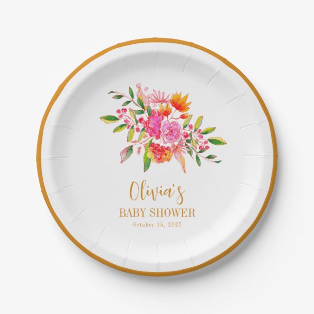 Assiettes En Carton Baby shower Floral rose moderne personnalisé (Devant)