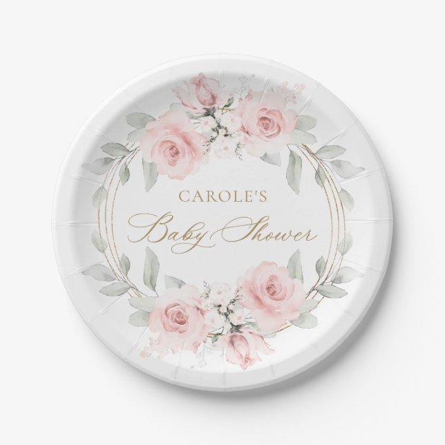 Assiettes En Carton Baby shower Floral rose or vert rose (Devant)