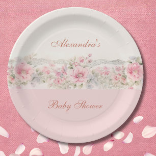 Assiettes En Carton Baby shower floral rose rose chic Shabby
