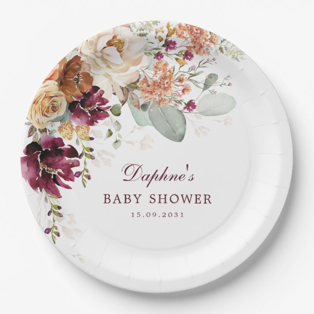 Assiettes En Carton Baby shower Floral Rustique Boho Maroon Terracotta (Devant)