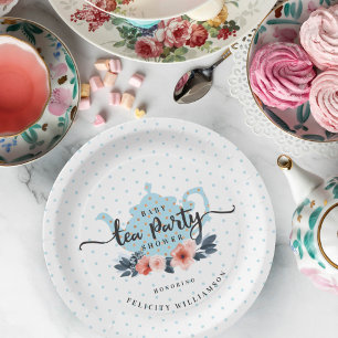 Assiettes En Carton Baby shower floral vintage bleu de théière de
