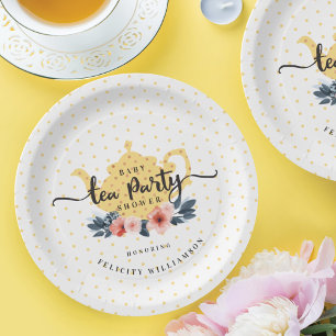 Assiettes En Carton Baby shower floral vintage jaune de théière de