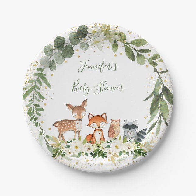 Assiettes En Carton Baby shower forestier Végétation Forêt Animaux (Devant)