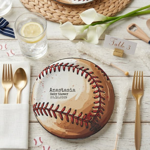 Assiettes En Carton Baby Shower Forme Balle de Baseball Aquarelle Mini
