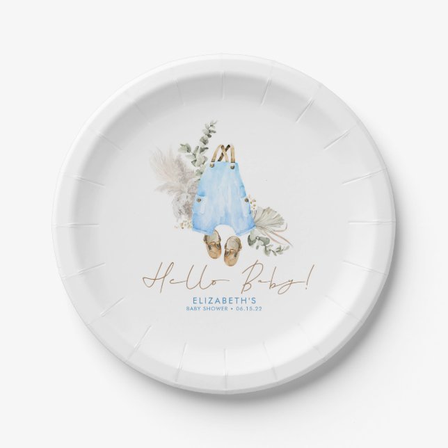Assiettes En Carton Baby shower Garçon bleu Brown Sage Cute (Devant)