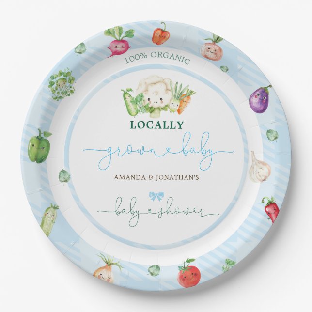 Assiettes En Carton Baby shower Garçon Blue Farm Vegetables (Devant)