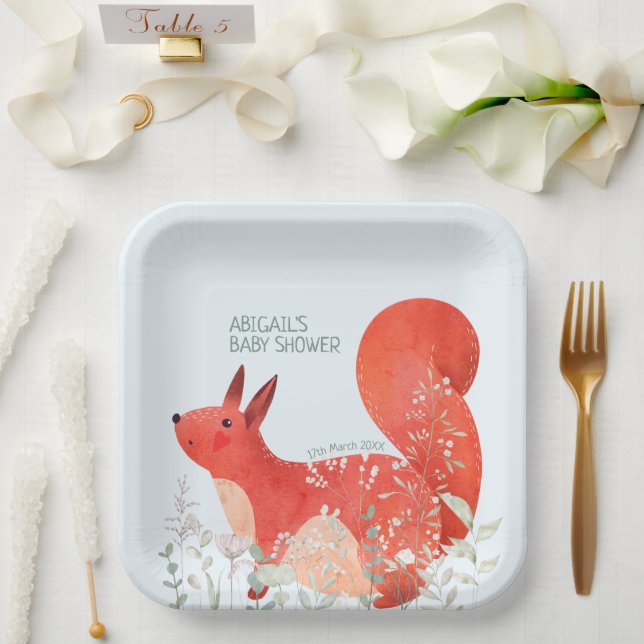 Assiettes En Carton Baby shower garçon Fleur sauvage d'écureuil rouge  (Mariage)