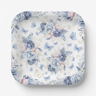 Assiettes En Carton Baby shower Garçon Gold & Blue Butterflies