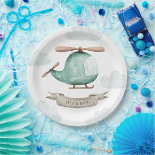 Assiettes En Carton Baby Shower Garçon. Hélicoptère de Voyage Aquarell