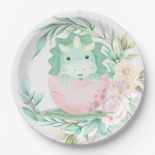 Assiettes En Carton Baby shower Green Punk Cute Dinosaur Peony