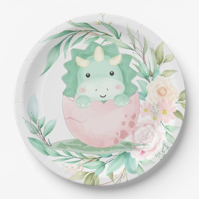 Assiettes En Carton Baby shower Green Punk Cute Dinosaur Peony (Devant)