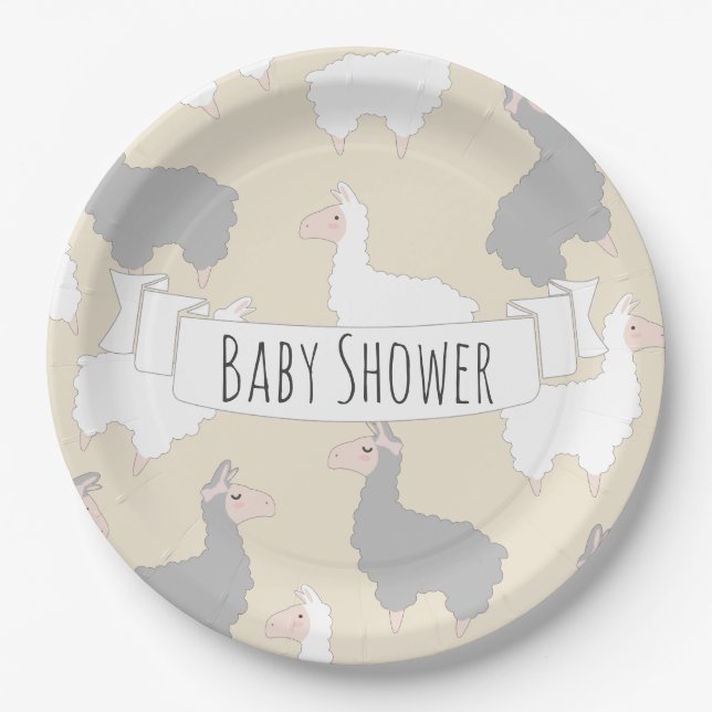 Assiettes En Carton Baby shower gris et blanc pelucheux de lamas (Devant)