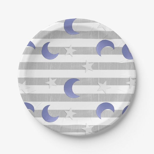 Assiettes En Carton Baby shower gris et bleu lune et étoiles (Devant)