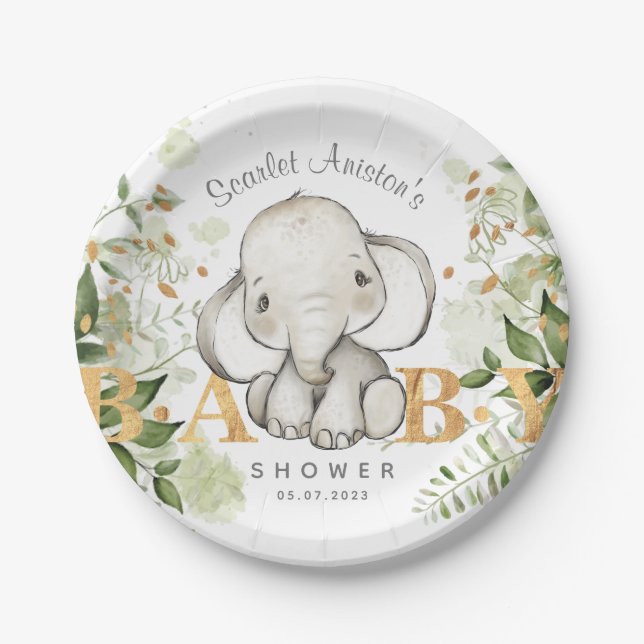 Assiettes En Carton Baby shower Jolie végétation des éléphants (Devant)