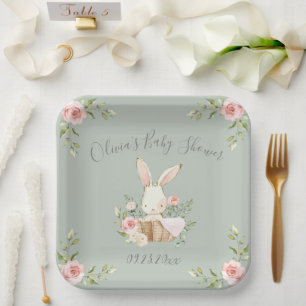 Assiettes En Carton Baby shower lapin vert Sage