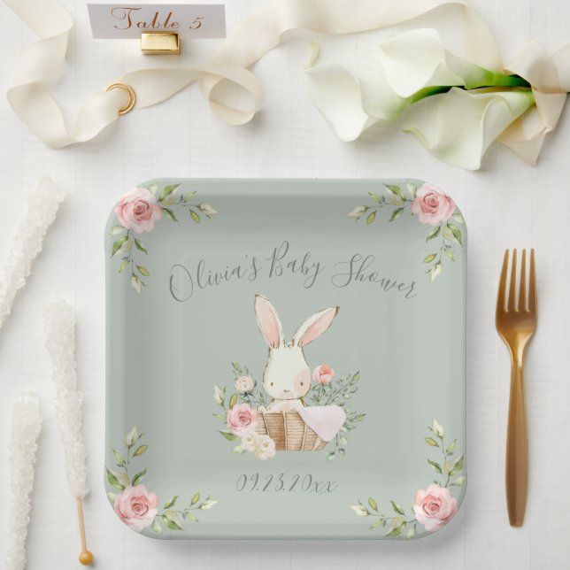 Assiettes En Carton Baby shower lapin vert Sage (Mariage)